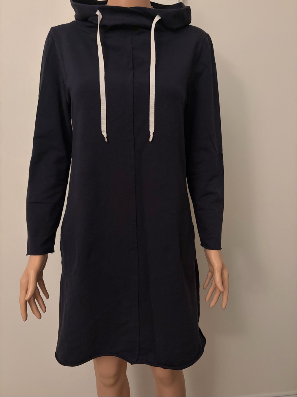 Long Sleeve Navy Hoodie Dress with Drawstring